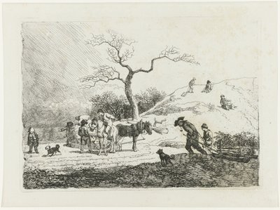 Winter Landscape with Children Sledding and Various Sleds by Johann Christian Klengel