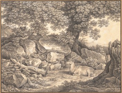 Italian Landscape with Trees, Rocks and a Resting Deer by Johann Christian Reinhart
