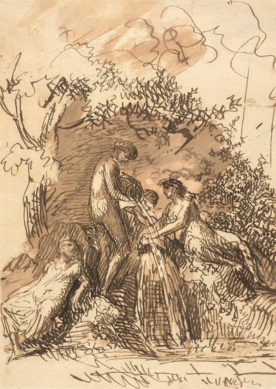 Young Girls at a Fountain (recto); Fragment of Sketch of Legs (verso) by Johann Christian Reinhart