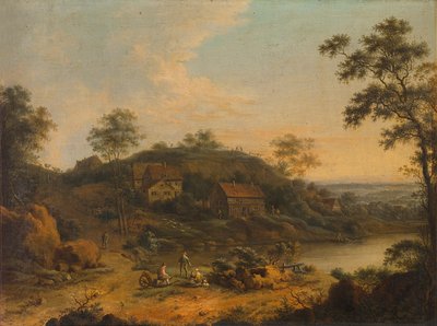 Hilly landscape with farmhouses by Johann Christian Vollerdt or Vollaert