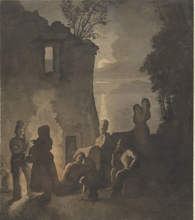 Resting Savoyards by a Fire on the Shore of a Lake at Evening by Johann Conrad Seekatz