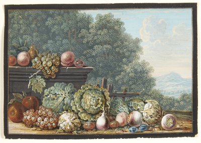 A Still Life with Vegetables and Fruits. In the Background a View of a Southern Mountain Landscape by Johann Dietzsch