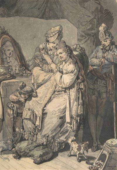 A Woman at her Toilet with a Maid, a Boy, a Dog and a Young Soldier (verso: A Sketch) by Johann Eleazar Schenau