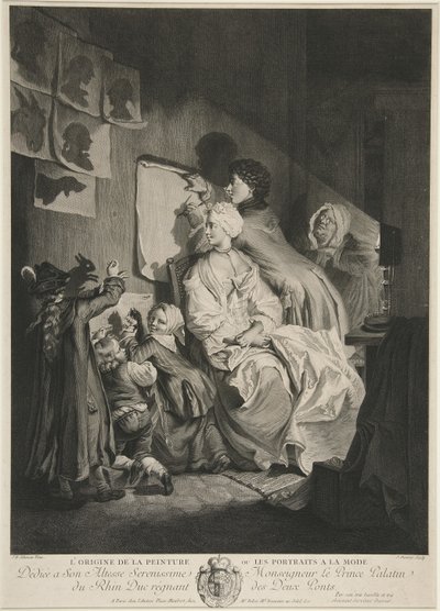 The Origin of Painting, or the Fashionable Portraits; pub. 1767 by Johann Eleazar Schenau