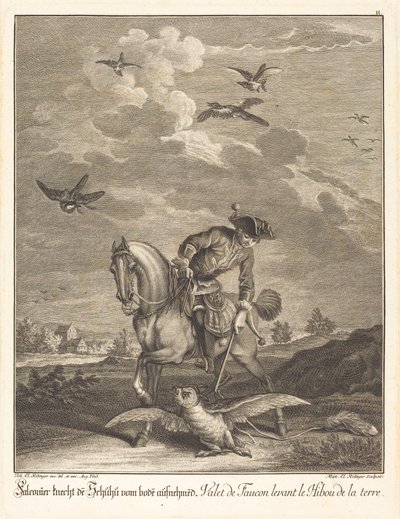 Falconer Lifting an Owl from the Ground by Johann Elias Ridinger