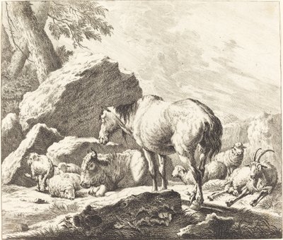 A Horse, Buffalo, Sheep, and Goat in an Italian Landscape by Johann Elias Ridinger after Johann Heinrich Roos