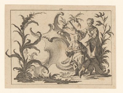 Chinese Man with Cup and Saucer Seated in a Rococo Ornament, Next to Him Stands a Woman with a Fan by Johann Esaias Nilson