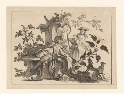 Man Smoking a Pipe with a Gun and Woman with Two Dogs on a Rococo Ornament, Smokers on Rococo Ornament by Johann Esaias Nilson