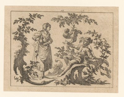 Man Smoking a Pipe, Seated Next to a Standing Woman with Jug on a Rococo Ornament (Smokers on Rococo Ornament series) by Johann Esaias Nilson
