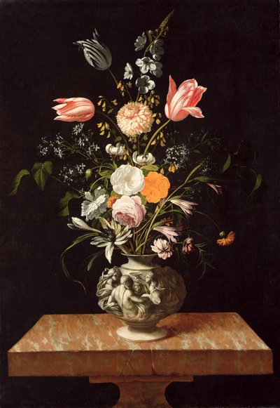 Vase with Relief and Flowers on a Marble Table by Johann Georg Hinz
