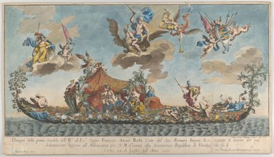 The Highly Ornamented First Gondola of Francesco Antonio Berka Entering Venice, Gods on Cl... by Johann Georg Wolfgang