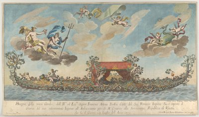 The Highly Ornamented Third Gondola of Francesco Antonio Berka Entering Venice, Gods on Cl... by Johann Georg Wolfgang