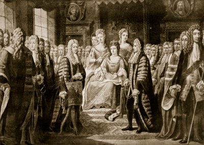 Articles of Union being presented to Queen Anne, 1706, illustration from 