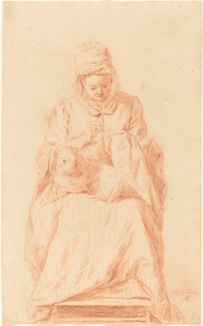 Young Woman Sewing with a Dog Resting on Her Lap by Johann Gottlieb Glume
