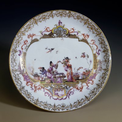 Meissen Porcelain. Chinoiserie representing Asian characters drinking tea. Saucer decorated by Johann Gregor Hoeroldt, circa 1730 by Johann Gregor Herold