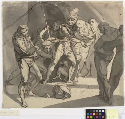 Richard Plantagenet Throws the Severed Head of the Duke of Somerset at the Feet of His Father. Illustration for Shakespeare