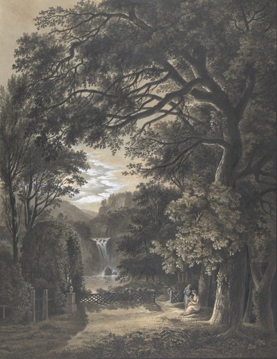 Family Gathered Before a Monument in a Landscape with a Waterfall by Johann Heinrich Meyer