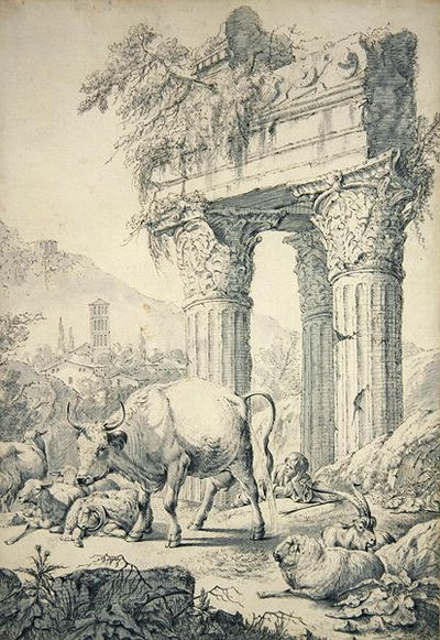 Cow in Campagnian landscape by Johann Heinrich Roos