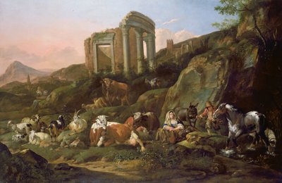 Farm animals in a Classical landscape, 1684 by Johann Heinrich Roos