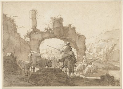 Two Shepherds Driving Their Cattle through a River by Johann Heinrich Roos