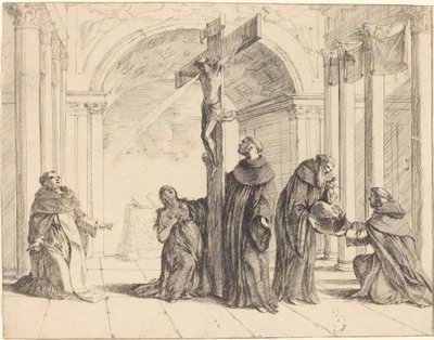 A Crucifix in a Church with Saints Thomas Aquinas, Mary Magdalene, Albertus Magnus, and Others by Johann Heinrich Schönfeld