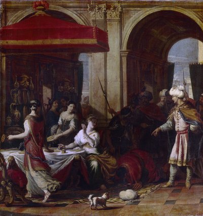 The Feast of Esther. Esther (Hadassah bat Avihail) wife of Ahasuerus, king of Persia (Xerxes I, 519-465 BC), after the decree of extermination of the Jews of the kingdom by the vizier Haman, invites the two men to a banquet where she by Johann Heiss