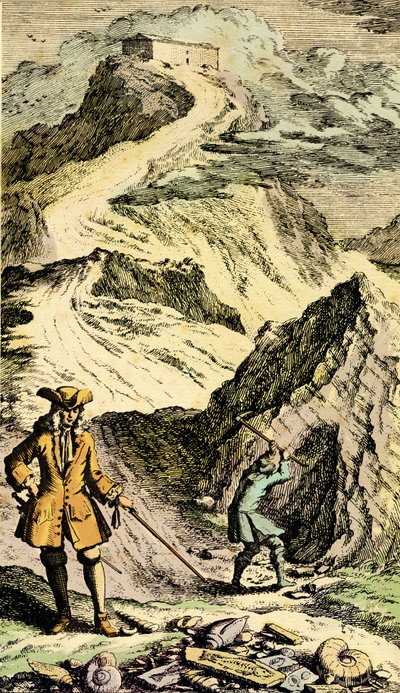 Paleontology: Swiss naturalist Johann Jakob Scheuchzer discovered in the Swiss mountains the traces of the Universal Deluge thanks to fossils. Engraving from 