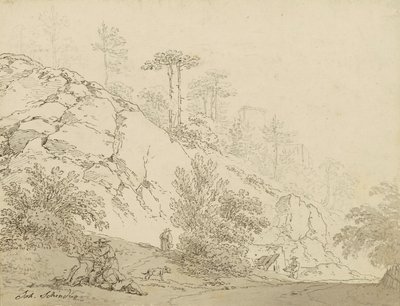Farmers Resting in Rocky Terrain, Castle in Background by Johann Josef Schindler