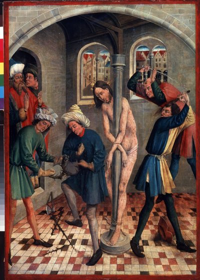 The Flagellation of Christ. Men making the crown of thorns while others whip Jesus tied to the column with different whips. by Johann Koerbecke