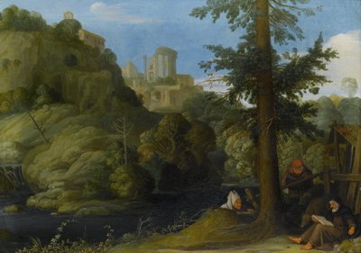 A Hermit with Two Travellers in a Wooded Landscape by Johann König