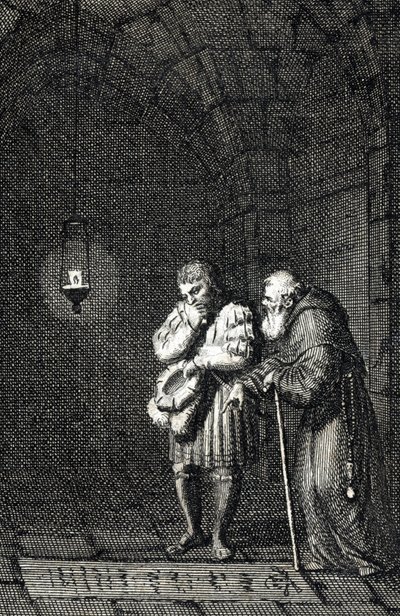 Emperor Charles IV collecting on the grave of Widukind of Saxony in Enger, Germany in 1377. Engraving by Johann Michael Mettenleiter by Johann Michael Mettenleiter