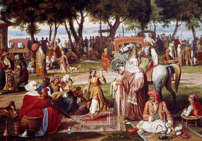 Freshwater Asia in Constantinople - Sweet living: group of men and women smoking, dancing (detail) by Johann Michael Wittmer