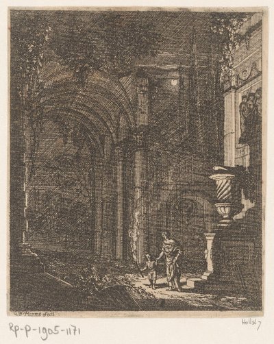 Two Figures Illuminating Ancient Ruins with a Torch (Ancient Ruins and Buildings series) by Johann Oswald Harms