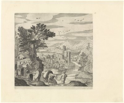 Landscape with a Farmer and His Donkey (series title: Italian Landscapes) by Johann Sadeler (I)