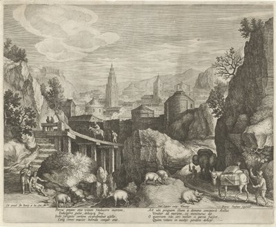 Rocky Landscape with the Fable of the Donkey and the Wild Boar by Johann Sadeler (I)