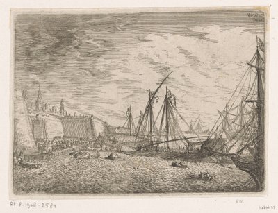 Harbor View with Sailing Ships and Galleys by a City Wall by Johann Wilhelm Baur