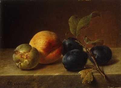 A Peach and Plums on a Marble Ledge, 1860 by Johann Wilhelm Preyer
