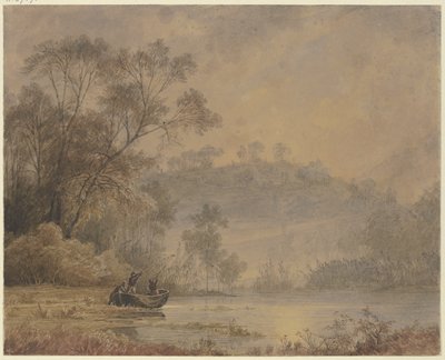 Forest Lake, from Whose Shore a Boat with Three Men Departs by Johann Wilhelm Schirmer