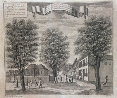 The Portuguese Church and Chinese and European houses in a street in Batavia, from a series of views of Batavia 
