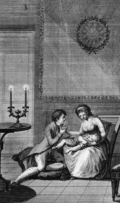 Aurelie comforted by Wilhelm Meister, illustration for Wilhelm Meister