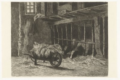 Interior of Stable with Cows and Wheelbarrow with Hay by Johanna Henriëtte Besier