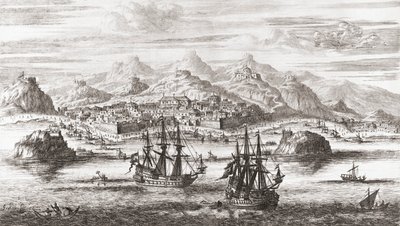 Dutch Ships in Front of Muscat, Oman in 17th Century by Johannes (after) Kip