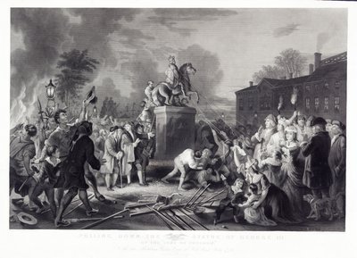 Pulling Down the Statue of George III by the Sons of Freedom, at the Bowling Green, City of New York, July 1776 by Johannes Adam Simon after Oertel