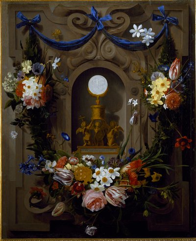 Eucharist in a wreath of flowers by Johannes Antonius van der Baren