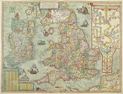 Map of England and Ireland drawn in 1606 (coloured engraving) by Johannes Baptista Vrints