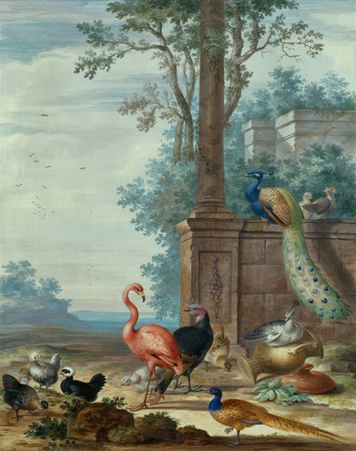 An Italianate Landscape with a Peacock, Pheasant, Flamingo and Other Fowl by Johannes Bronckhorst