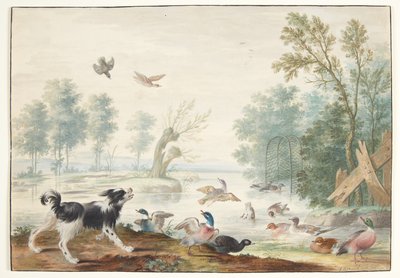 A Dog and Ducks by a Lake by Johannes Bronckhorst