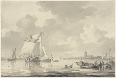 River View with Several Ships, a City in the Distance by Johannes Christiaan Schotel