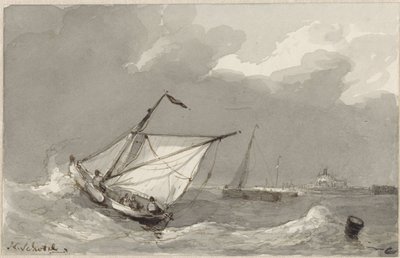 Fishing Boat on a Rough Sea, with a Village in the Distance by Johannes Christiaan Schotel