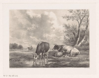 Two Cows and Sheep by the Water by Johannes Christiaan d